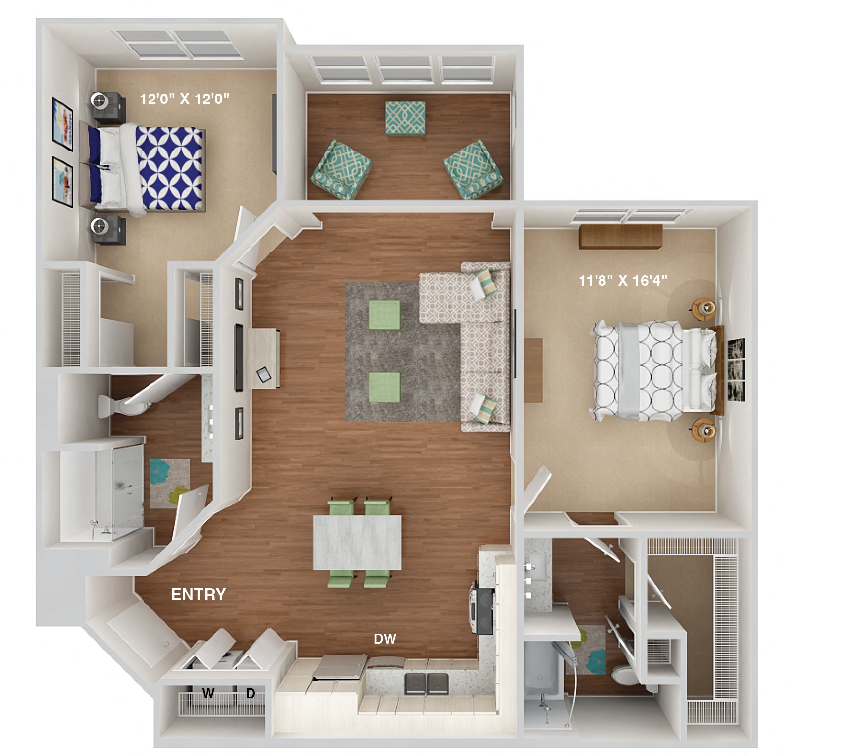 Floor plan for 2 beds, 2 baths, 1214 sqft
